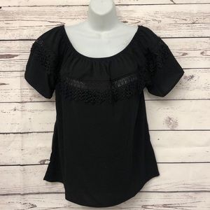 Lucky too over the shoulder crochet accent blouse